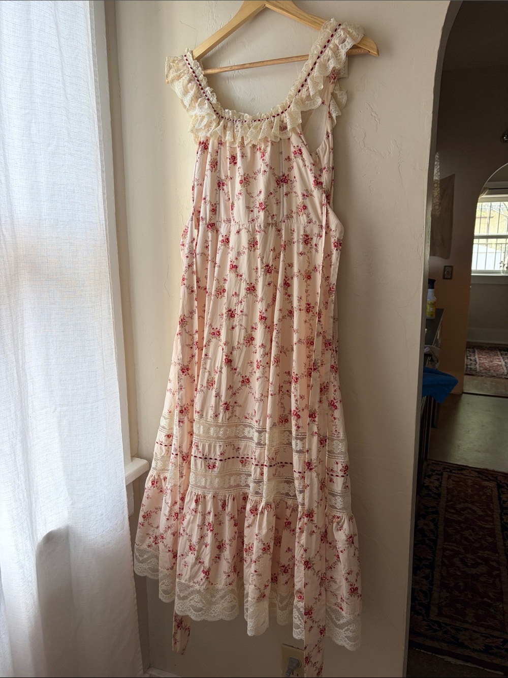 Cream Maxi Dress with Red Floral Print and Lace Trim - Picture 3 of 5